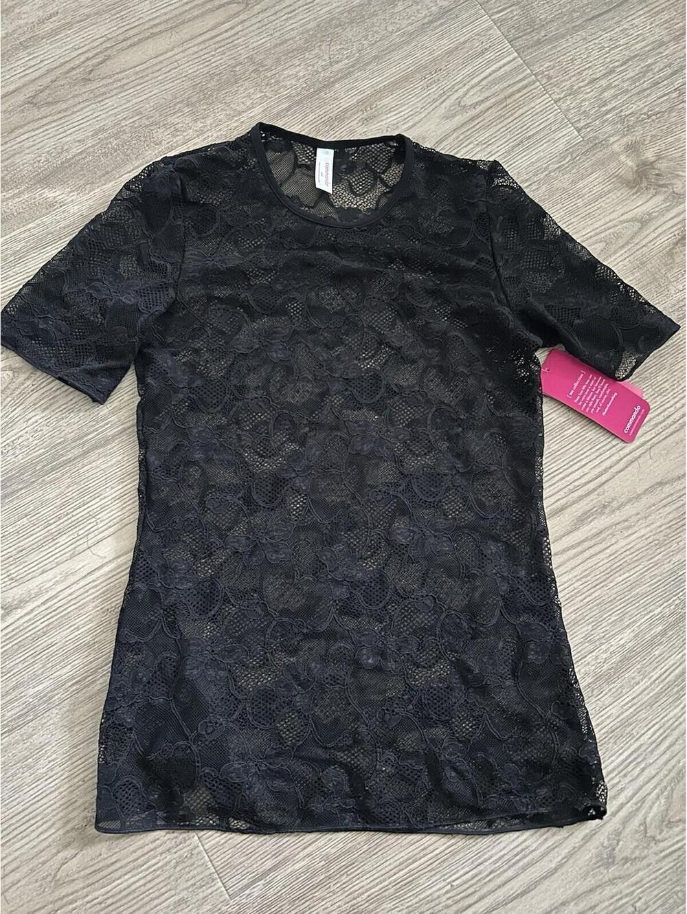 Commando Black Floral Lace Short Sleeve Crew Neck Sheer Top all